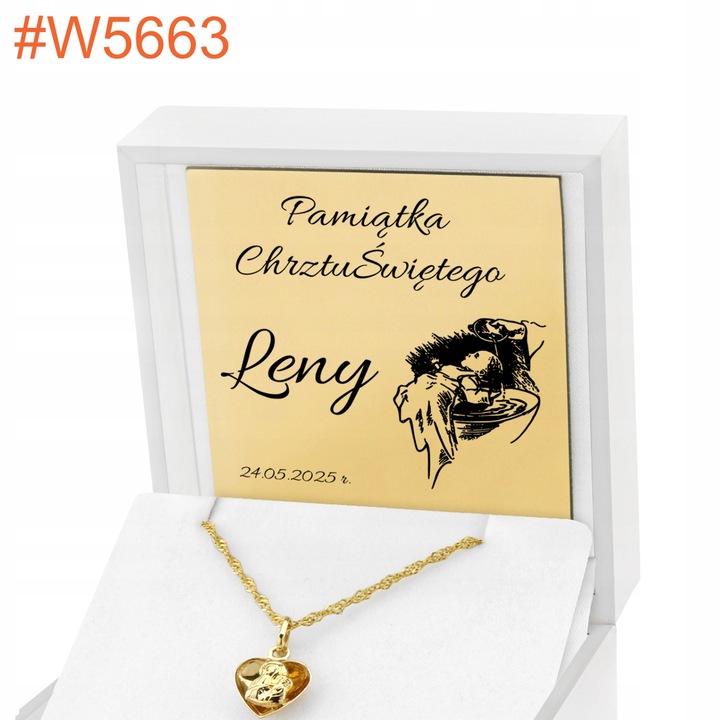 Złoty Łańcuszek Medalik Serce 585 z Grawerem Pamiątka Chrztu Świętego