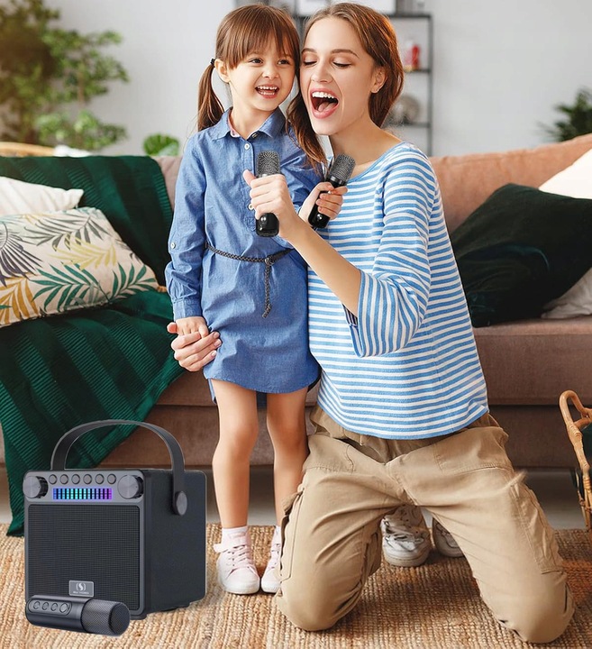 MASZYNA GŁOŚNIK KARAOKE Z 2 MIKROFONY BEZPRZEWODOWE BLUETOOTH KOLOROWA LED