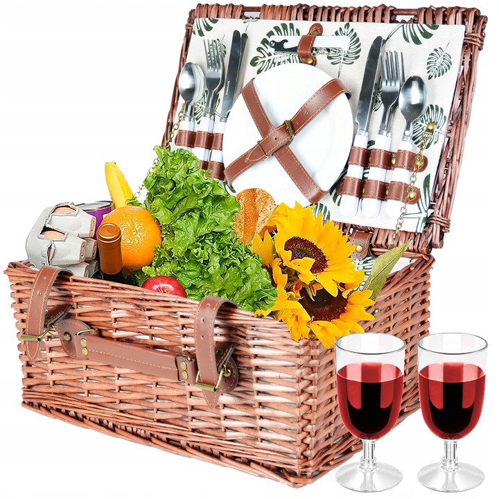 WIKLINOWY KOSZ PIKNIKOWY ZESTAW DLA 4 OSÓB ZASTAWA Z TALERZAMI KIELISZKAMI