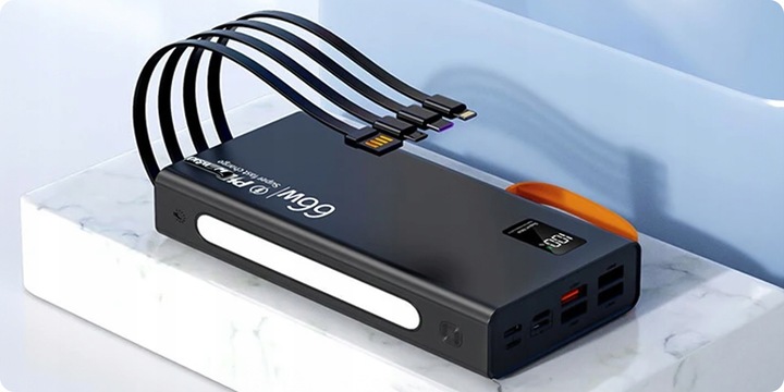 MOCNY POWERBANK 30000MAH 66W LATARKA LCD LED 4 USB USB-C + KABEL 3W1