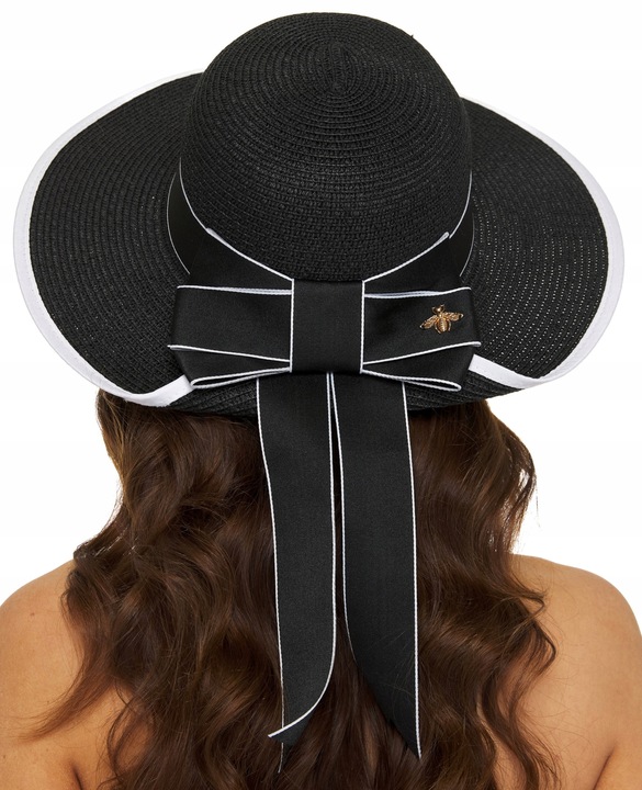 KAPELUSZ CZARNY SŁOMIANY SŁOMKOWY na lato EKO SŁOMKA z kokardą elegancki