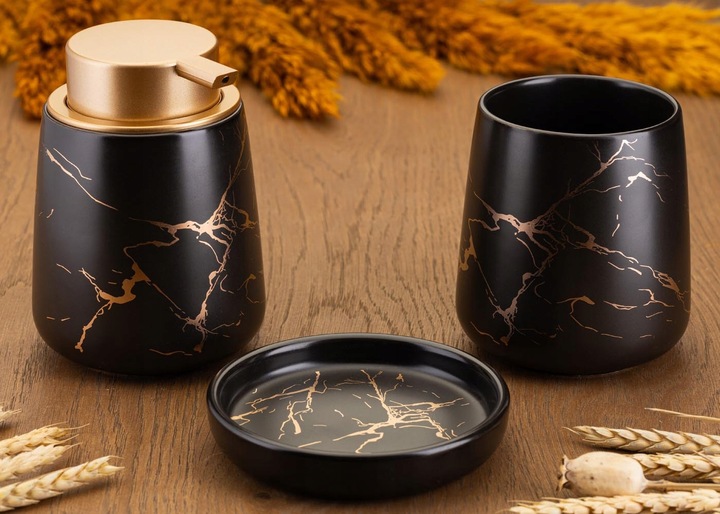 Komplet łazienkowy Sally Black Gold zestaw 3 el dozownik mydelniczka GLAM