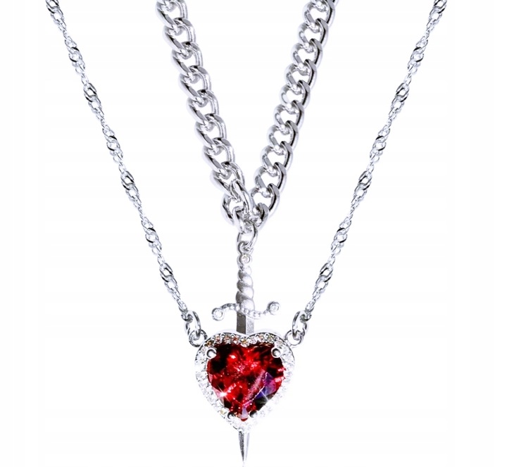 MD elegancki damski naszyjnik CZERWONE SERCE serduszko MIECZ | 2w1