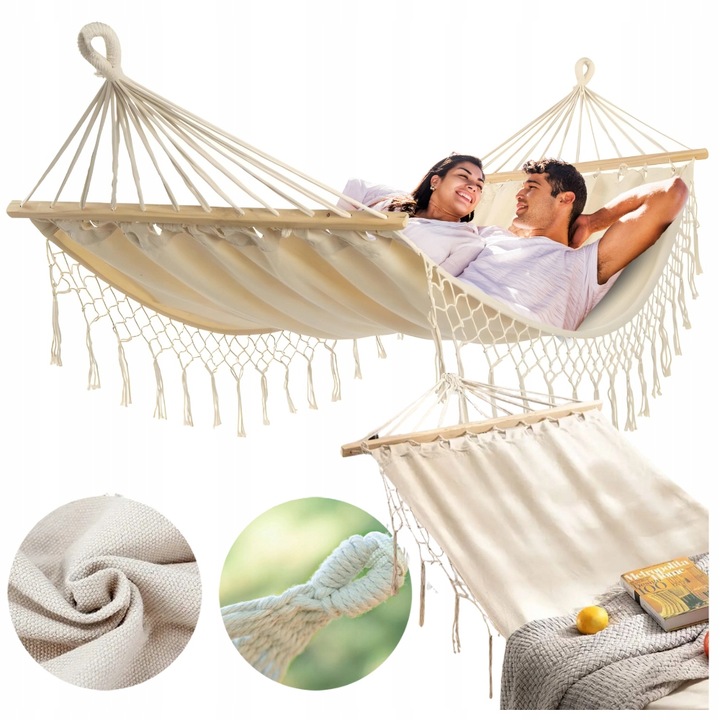 HAMAK OGRODOWY BOHO MAKRAMOWY DRĄŻEK PAŁĄK JEDNOOSOBOWY POKROWIEC BEŻOWY