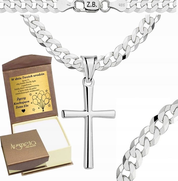 Łańcuszek Srebrny Męski Pancerka 3,80 mm z Krzyżykiem dla Mężczyzny Grawer