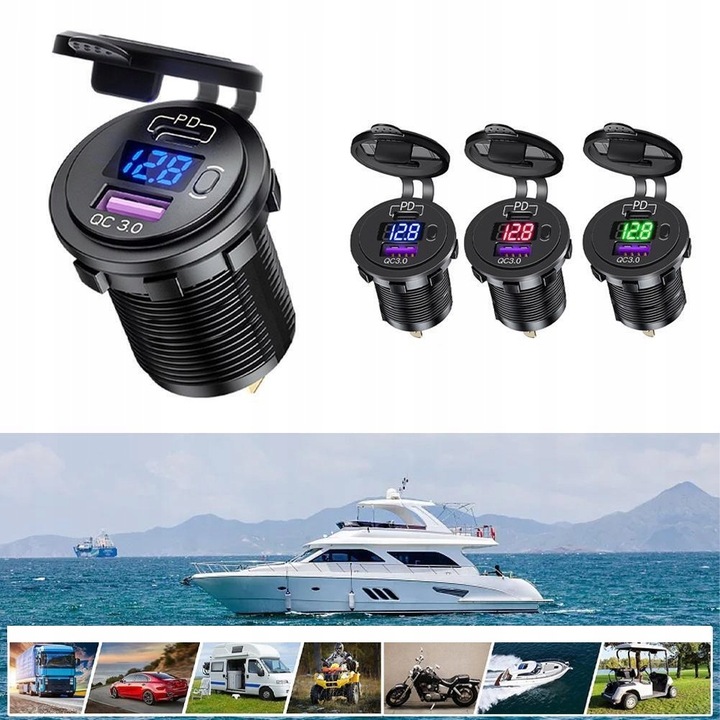 ŁADOWARKA SAMOCHODOWA USB QC3.0 + PD USB C WOLTOMIERZ PRZYCISK ON/OFF