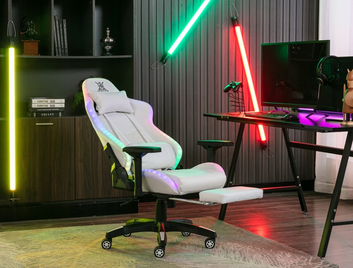 FOTEL GAMINGOWY BIUROWY WYGODNY KRZESŁO GRACZA OBROTOWY +RGB LED I PODNÓŻEK