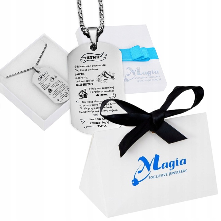 Srebrny Nieśmiertelnik Grawer Prezent dla Syna od Taty Naszyjnik Męski BOX