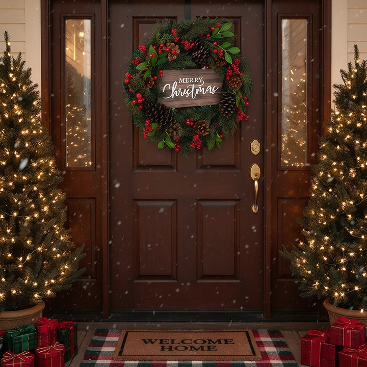 WIANEK WIENIEC DEKORACYJNY ŚWIĄTECZNY OZDOBA NA DRZWI STROIK CZERWONY 50CM