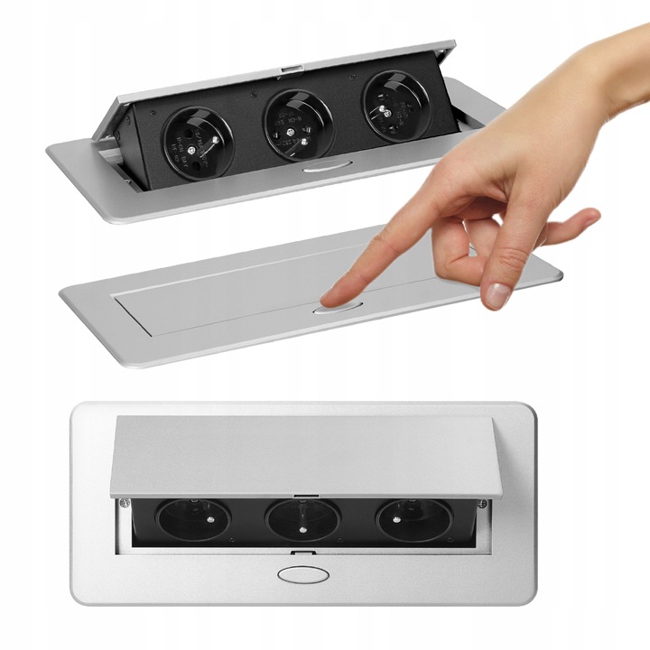 gniazdo wpuszczane chowane w blat potrójne stalowe Srebrne gniazdo meblowe