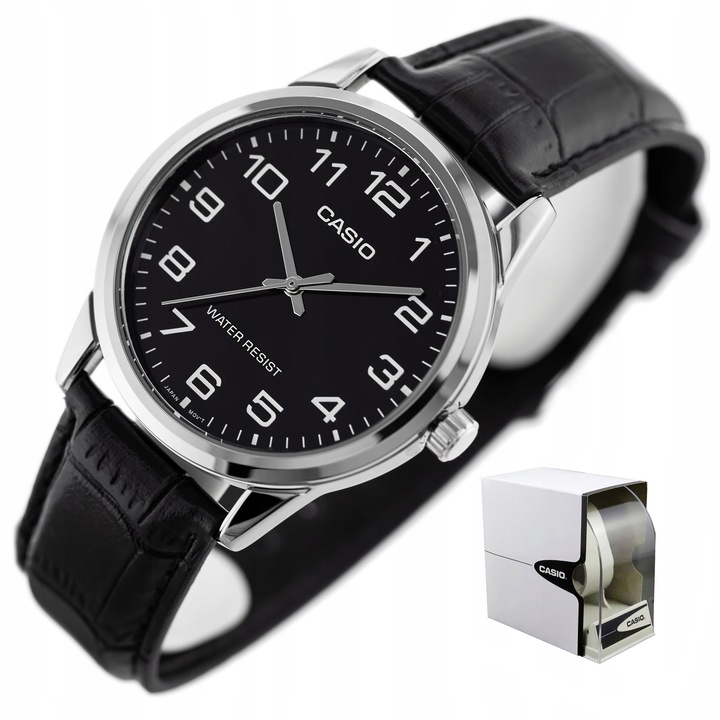ZEGAREK MĘSKI CASIO APOLLO +BOX +GRAWER skórzany cyfry czarny klasyczny