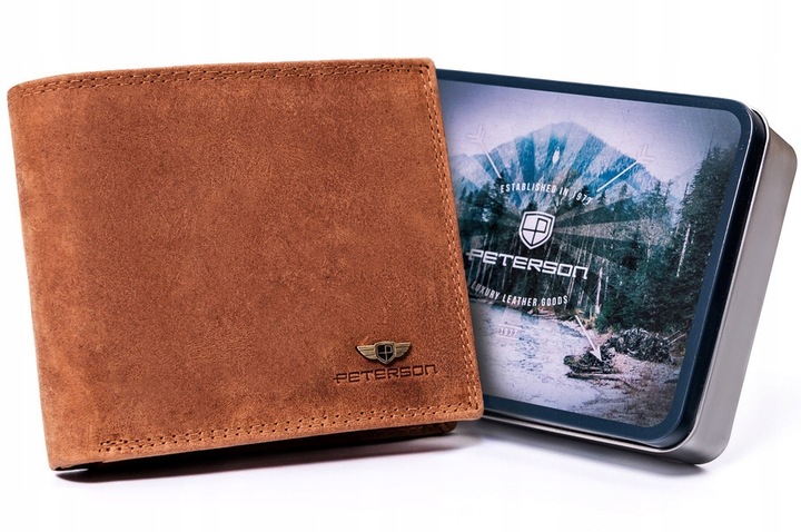 Portfel skórzany męski RFID pojemny na prezent brązowy nubukowy Peterson