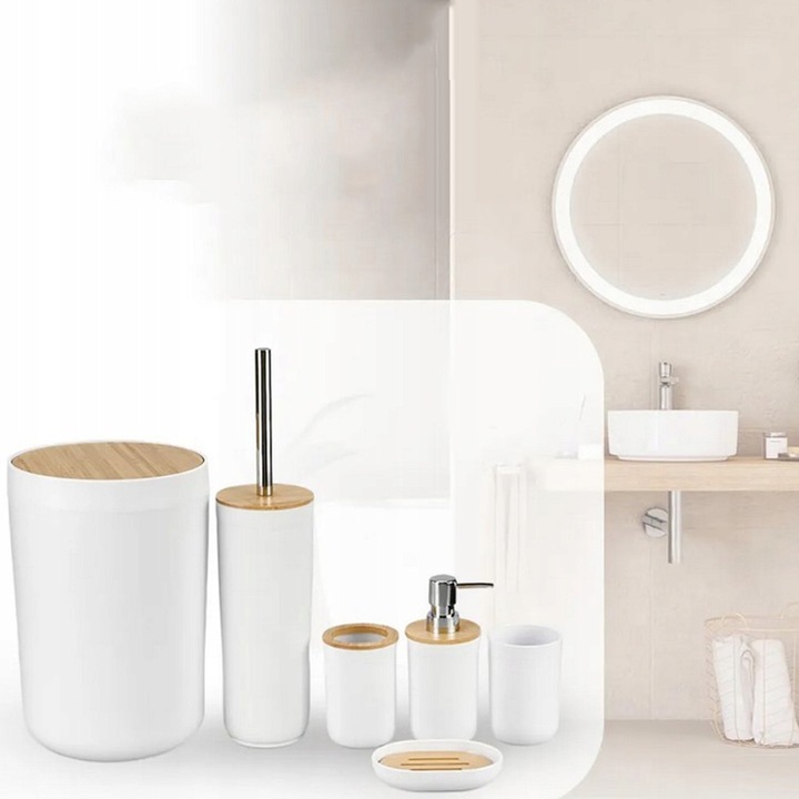 ZESTAW ŁAZIENKOWY 6 ELEMENTÓW AKCESORIA DO WC KOSZ DOZOWNIK BIAŁY KOMPLET