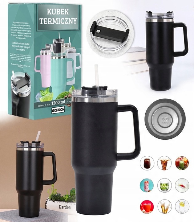 KUBEK TERMICZNY TERMOS ZE SŁOMKĄ UCHWYTEM DUŻY XXL 1200 ML CZARNY POJEMNY