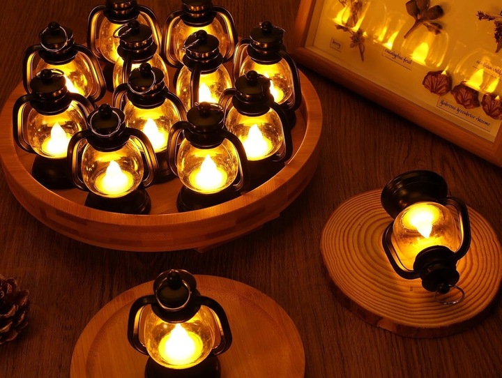 12 szt Mini Latarni w Stylu Vintage, Olejowa, Wisząca Latarnia Naftowa,LED