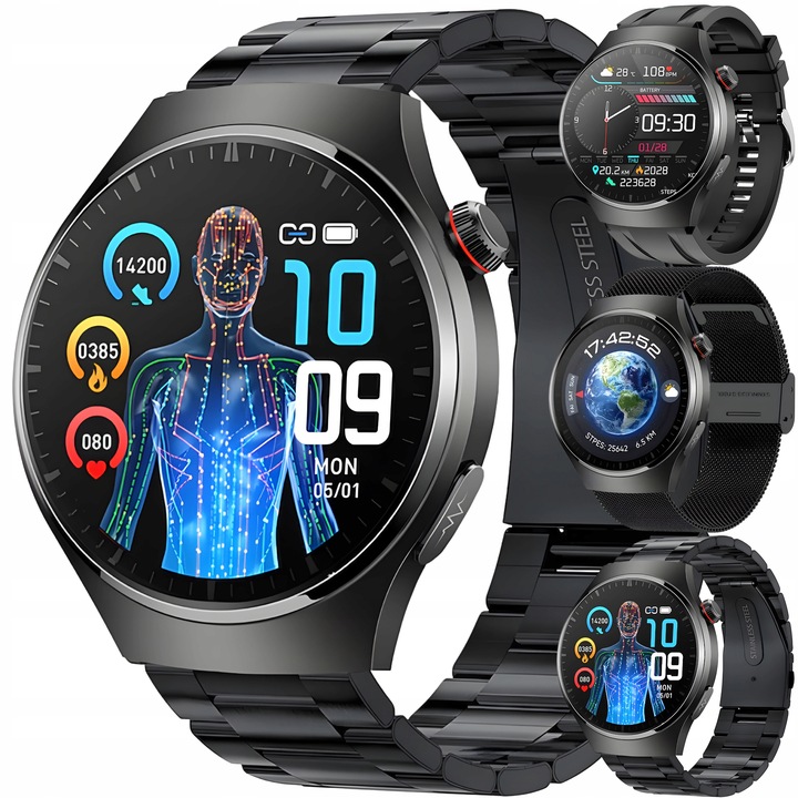 SMARTWATCH ZEGAREK MĘSKI EKG POMIAR CUKRU HRV ROZMOWY 3 PASKI SZKŁO MENU PL