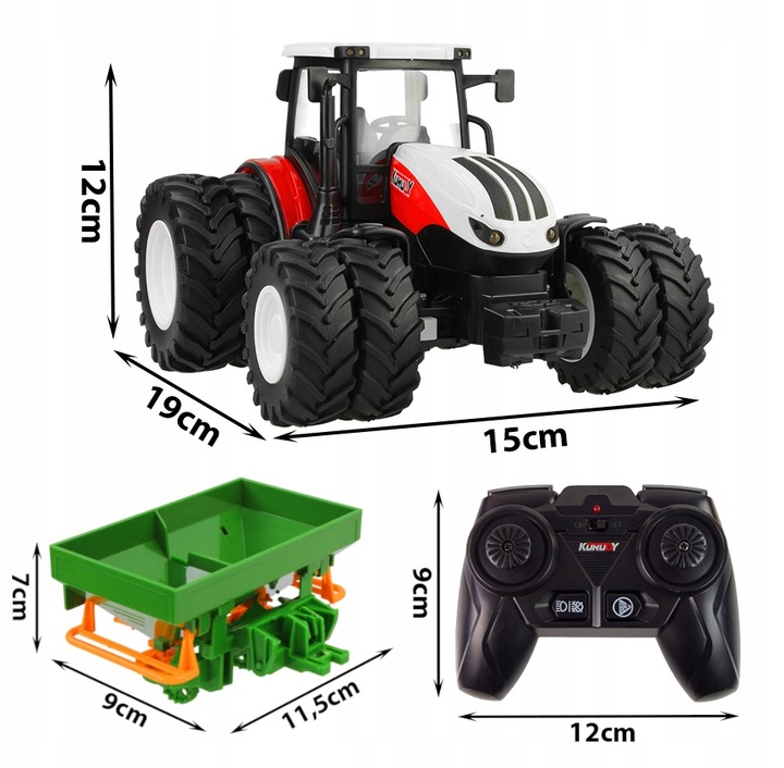 TRAKTOR ZDALNIE STEROWANY RC CIĄGNIK Z ROZSIEWACZEM NAWOZÓW PILOT ŚWIATŁA