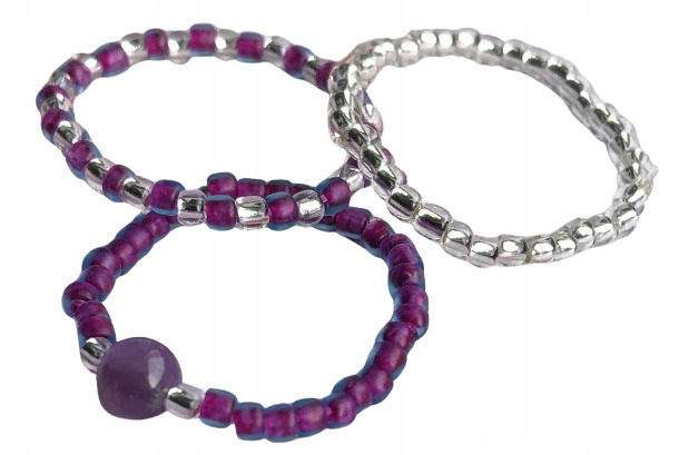 AMETYST PIERŚCIONKI Z KORALIKÓW ZESTAW 3 SZTUKI KORALIKI SREBRNE