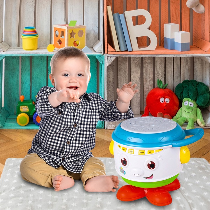 BĘBENEK MUZYCZNY INTERAKTYWNY OBROTOWY DLA DZIECI ŚWIATŁO ŚMIECH DZIECKA
