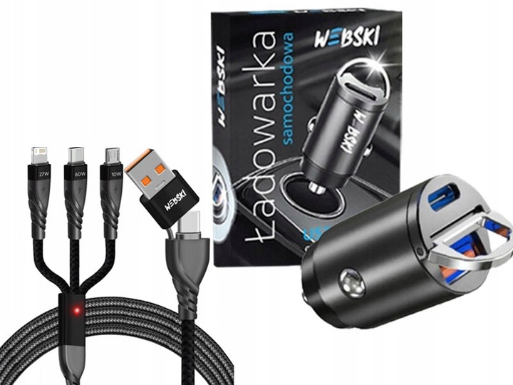 ŁADOWARKA SAMOCHDOWA DO TELEFONU 4xUSB A QC3.0 / USB C 20W KABEL 3W1 60W