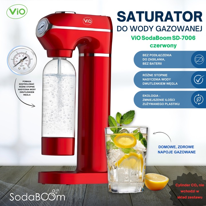 Saturator do wody gazowanej ViO SodaBoom SD-7006 red z manometrem Czerwony