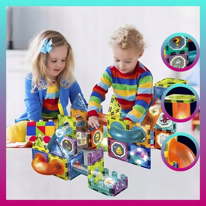 Klocki MAGNETYCZNE KONSTRUKCYJNE Tor kulkowy ŚWIECĄCY 110 el Zestaw dziecko