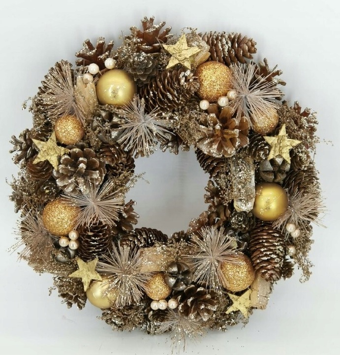 Ręcznie robiony wieniec świąteczny 34 cm złoty stroik z szyszek i bombek