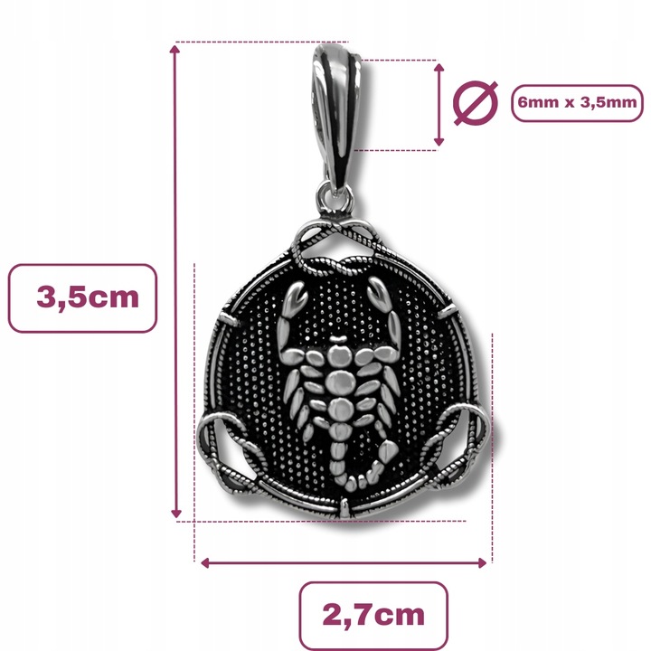 Zawieszka okrągła Srebrna Oksydowana Wisiorek SKORPION srebro pr. 925