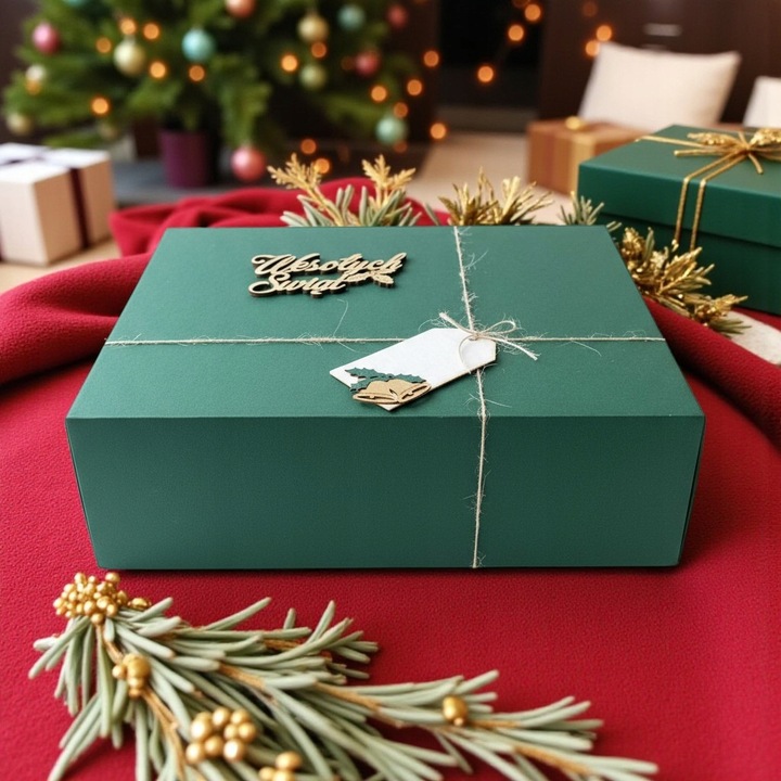 Pudełko prezentowe na prezent Święta zielone napis drewniany wypełnienie