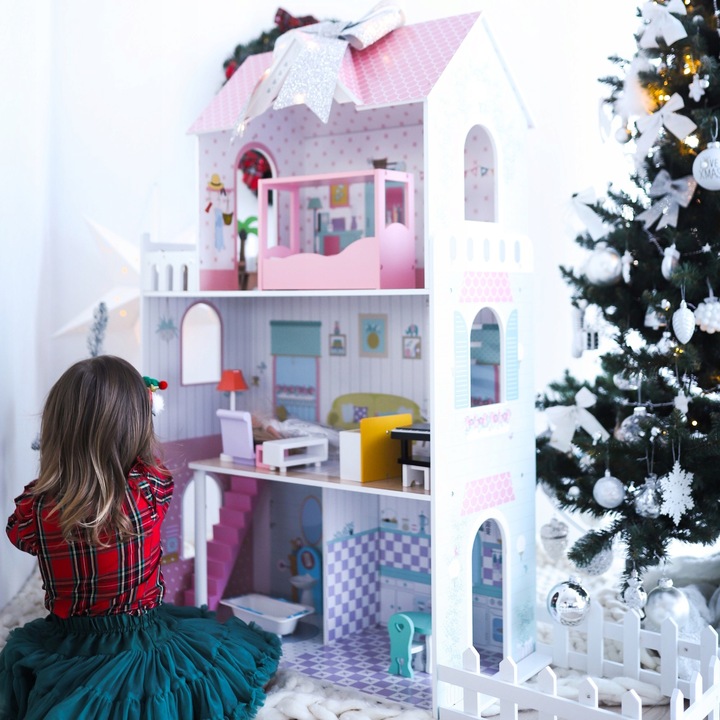 Duży Domek Dla Lalek XXL Drewniany Mebelki Do Zestawu Oświetlenie LED