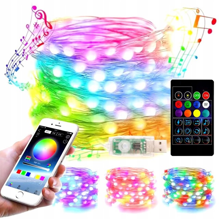 TAŚMA 200 LED INTELIGENTNE LAMPKI APLIKACJA BLUETOOTH PILOT STEROWANIE 20M
