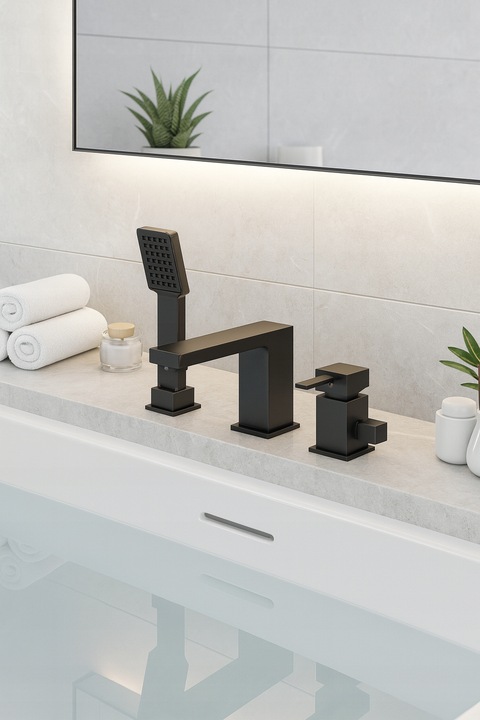 Bateria wannowa 3 otworowa stojąca czarna kran do wanny z prysznicem