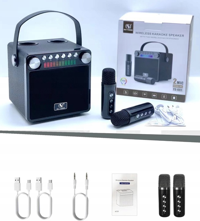 MASZYNA GŁOŚNIK KARAOKE Z 2 MIKROFONY BEZPRZEWODOWE BLUETOOTH KOLOROWA LED