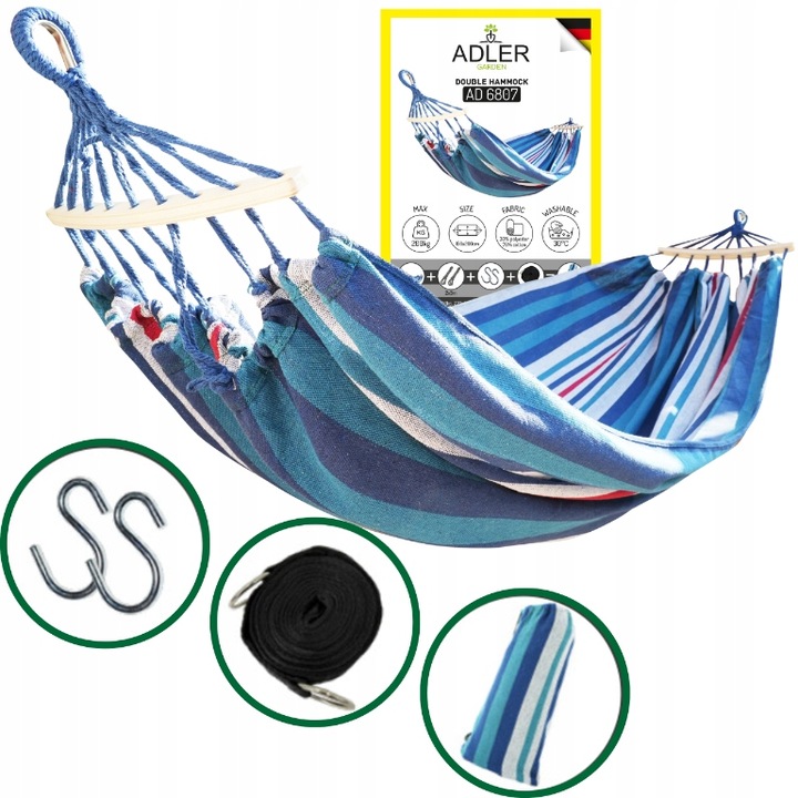 HAMAK Ogrodowy 2 Osobowy HUŚTAWKA XXL 200x150cm 2 Liny Pasy Haki Pokrowiec