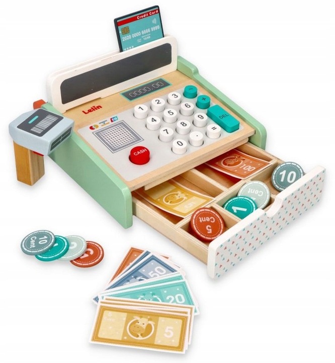Drewniana kasa fiskalna ze skanerem Do przedszkola Do sklepu Dla dziecka