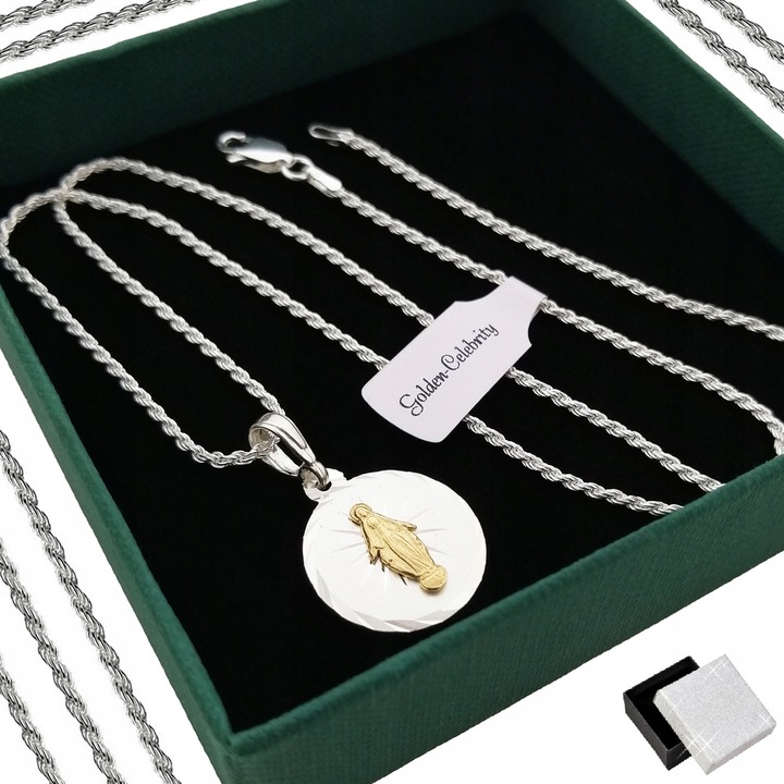 SREBRNY ŁAŃCUSZEK KORDEL + MEDALIK 925 PREZENT NA KOMUNIĘ CHRZEST + GRAWER