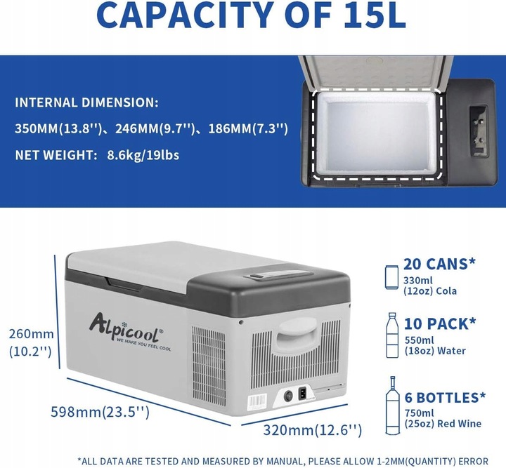 Alpicool lodówka turystyczna 12V 15 L do samochodu ciężarówki łodzi kampera