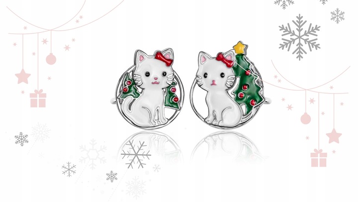 KOLCZYKI SREBRNE DLA DZIEWCZYNKI KOTKI ŚWIĄTECZNE ASYMETRYCZNE NA PREZENT