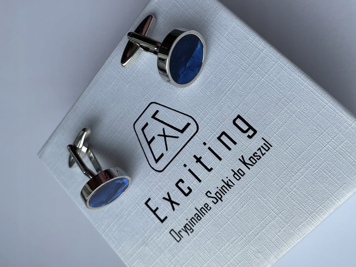 Smokingowe spinki do mankietów EXC Srebrne z Niebieską Masą Perłową + Etui