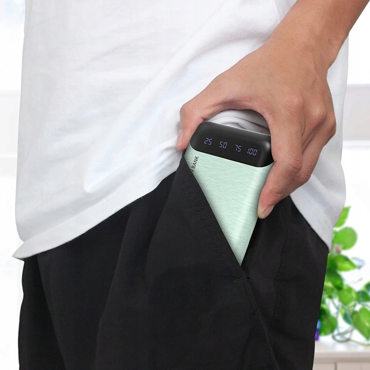 POWERBANK 10000mAh 2,4A 2×USB/USB-C SZYBKI WYDAJNY POWER BANK LED ZIELONY