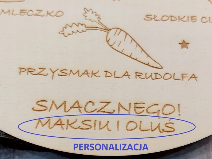 DREWNIANY TALERZYK TACKA NA MLEKO I CIASTKA DLA MIKOŁAJA RUDOLFA+TWOJE IMIĘ