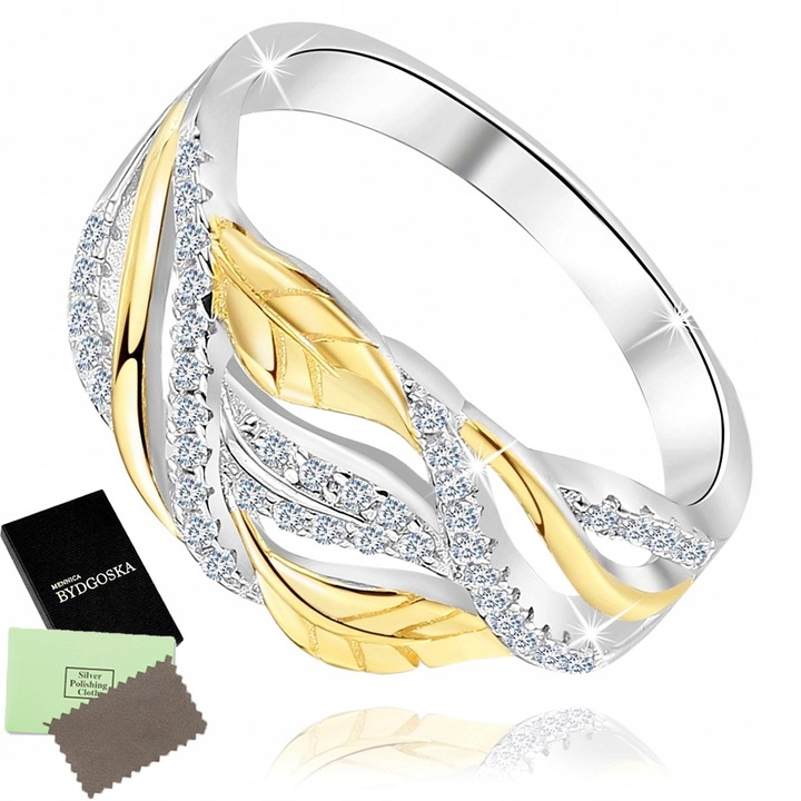 Pierścionek srebrny rodowany listki pozłacane srebro 925