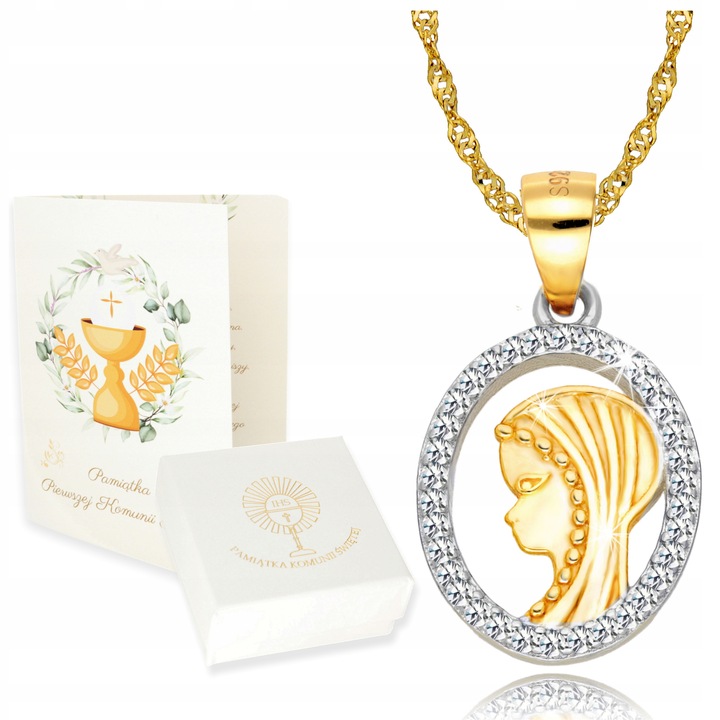 Złoty Łańcuszek z Medalikiem 925/585 Matka Boska na Komunię Chrzest