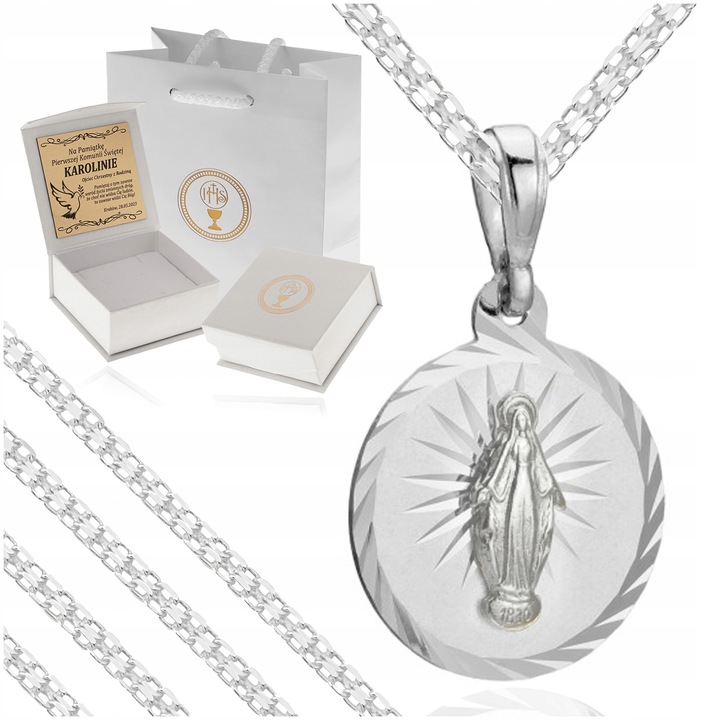 SREBRNY ŁAŃCUSZEK + CUDOWNY MEDALIK PR. 925 PREZENT KOMUNIA CHRZEST GRAWER