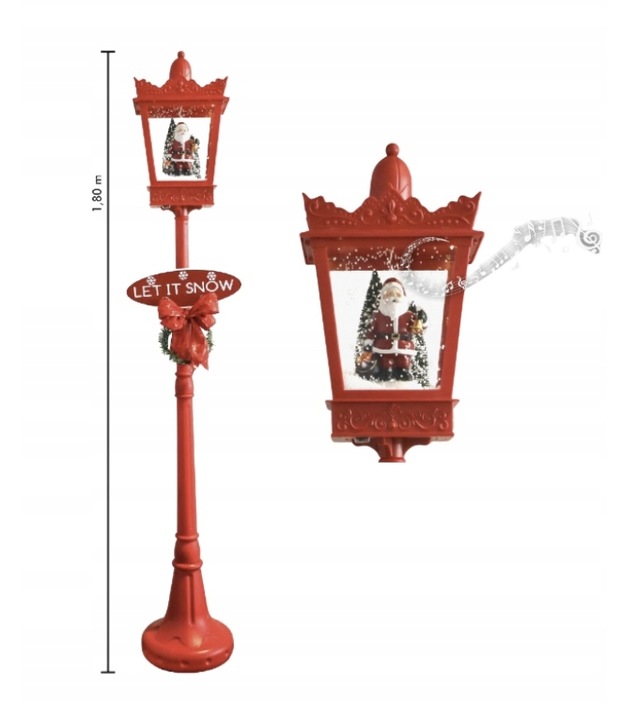 Latarnia świąteczna XL z dźwiękiem wirujący śnieg Mikołaj 180 czerwona