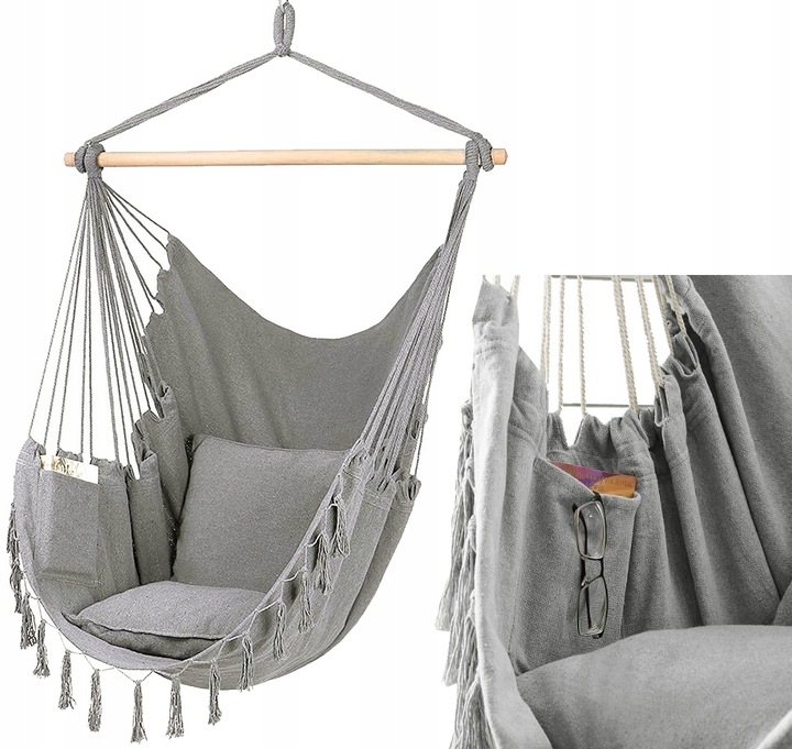 KRZESŁO BRAZYLIJSKIE FOTEL WISZĄCY HAMAK HUŚTAWKA JASNY SZARY Z PODUSZKAMI