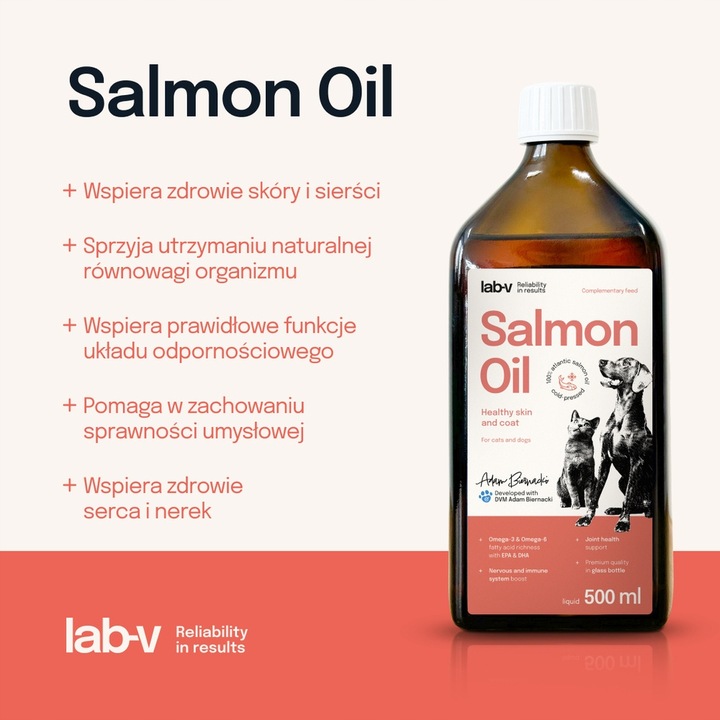 Lab-v Salmon Oil Olej z łososia 100% dla psa i kota 500 ml + pompka