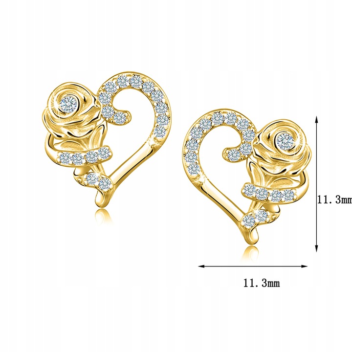 Srebrne kolczyki serca róże wkrętki sztyfty srebro 925 pozłacane oryginalne