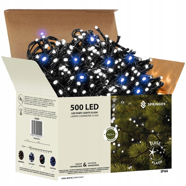 LAMPKI CHOINKOWE ZEWNĘTRZNE + FLASH 40m ZIMNY BIAŁY IP44 ŚWIATEŁKA 500 LED