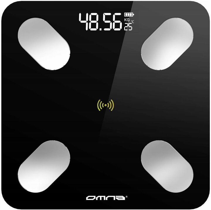 Inteligentna waga łazienkowa smart szklana OMNA aplikacja, miarka i baterie
